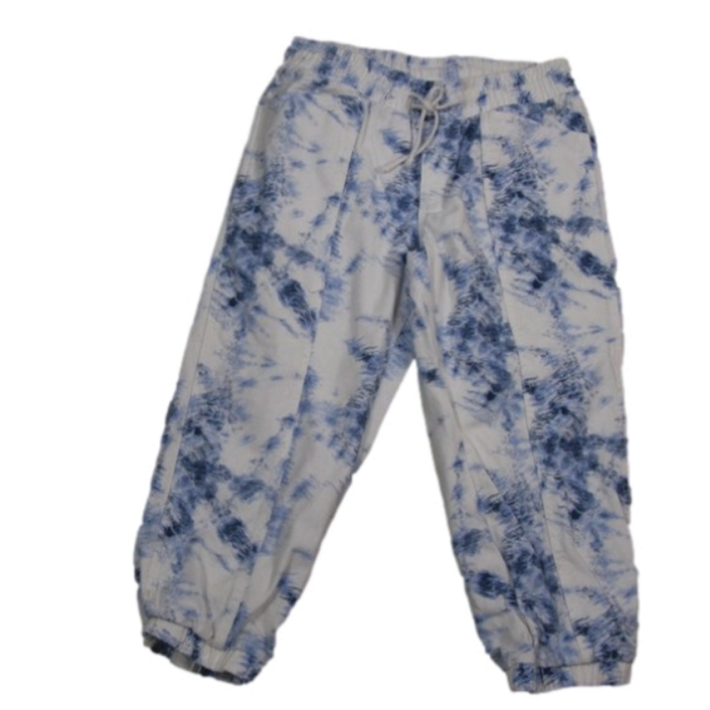STYLE & Co White/Blue Tie Dye Elastic Drawstring Waist Capri Pants Size Small